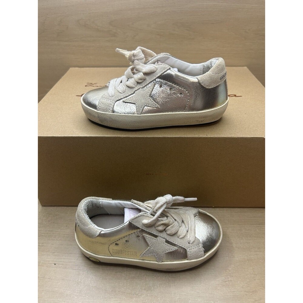 Golden Goose Kids Super-Star Laminated Sneakers. Platinum Color Sz 23 Toddler 7